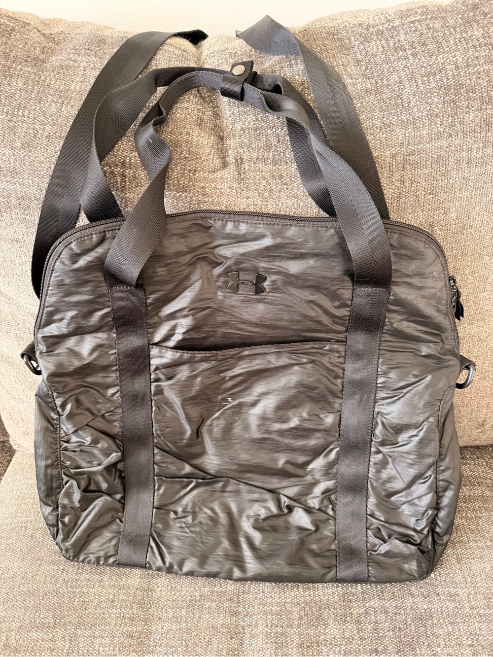 Under Armour Ruched Black Duffel Tote + Dual Carry Straps - 16”w x 15”h x 4.5”d